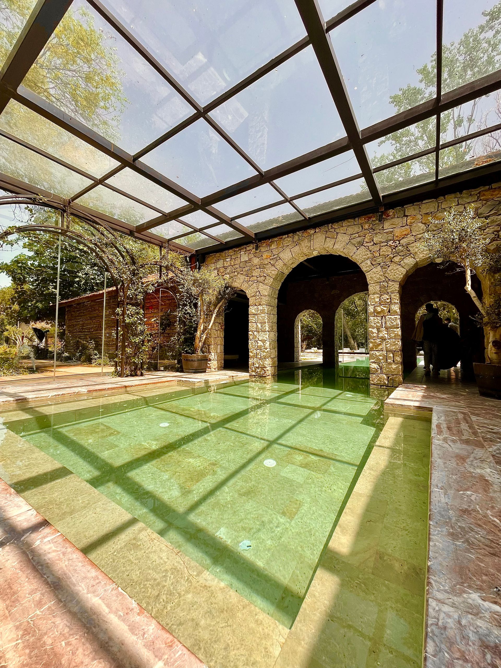 Elegant indoor pool area with stone arches and glass ceiling, perfect for relaxation.